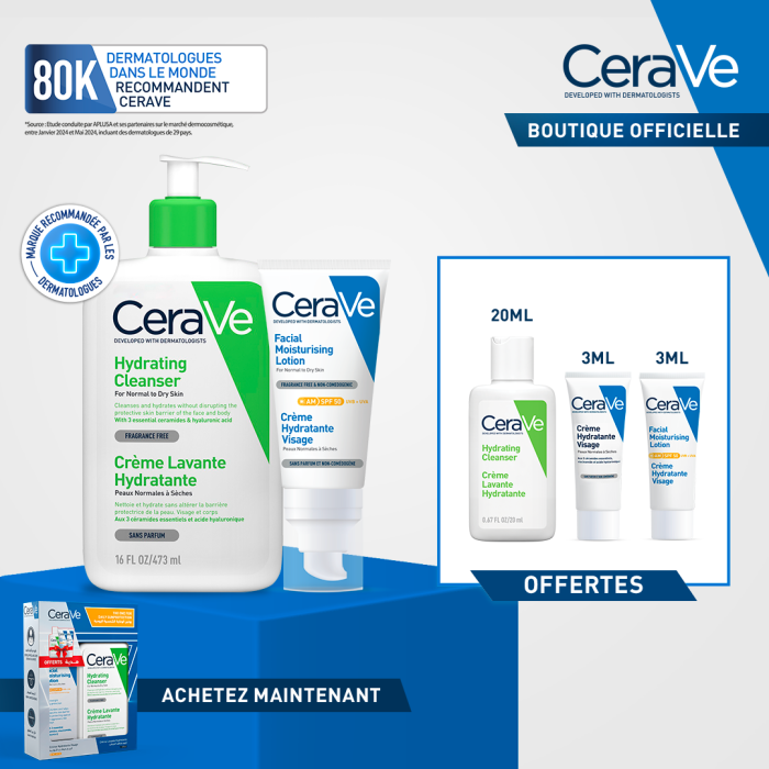 CeraVe Crème Lavante Hydratante Peau Normale à Sèche 473ml + Crème Hydratante Spf50 = 3 Miniatures Offertes – Image 1