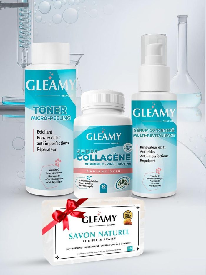 Gleamy Routine Peau Complete Toner 100ml +  Collagene Boite de 30 Gélules +Serum 50ml = Savon Offert – Image 1
