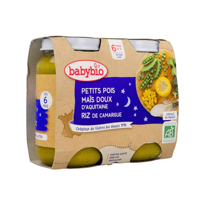 BABYBIO POT BONNE NUIT PETITS POIS MAIS RIZ 2*200G – Image 1