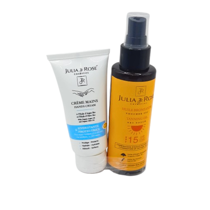 Julia & Rose Huile Bronzage Spf15 120ml+Creme Mains 50ml Pack – Image 1