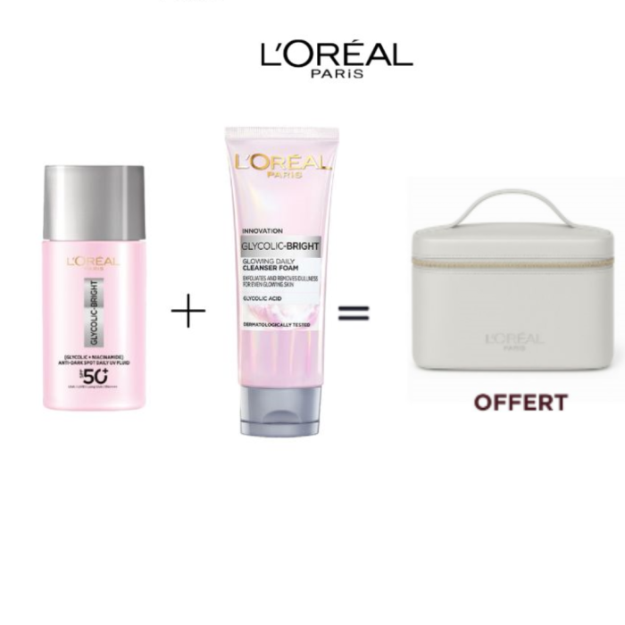 L'oreal Paris Glycolic-Bright Daily UV Fluid+Foam Clenser = Trousse – Image 1