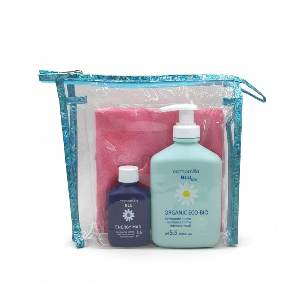 Camomilla-Blu-Organic-Eco-bio-300mlGel-Intim-EchServiette-Trousse Camomilla Blu Organic Eco-Bio 300ml+Gel Intim + Serviette – Image 1