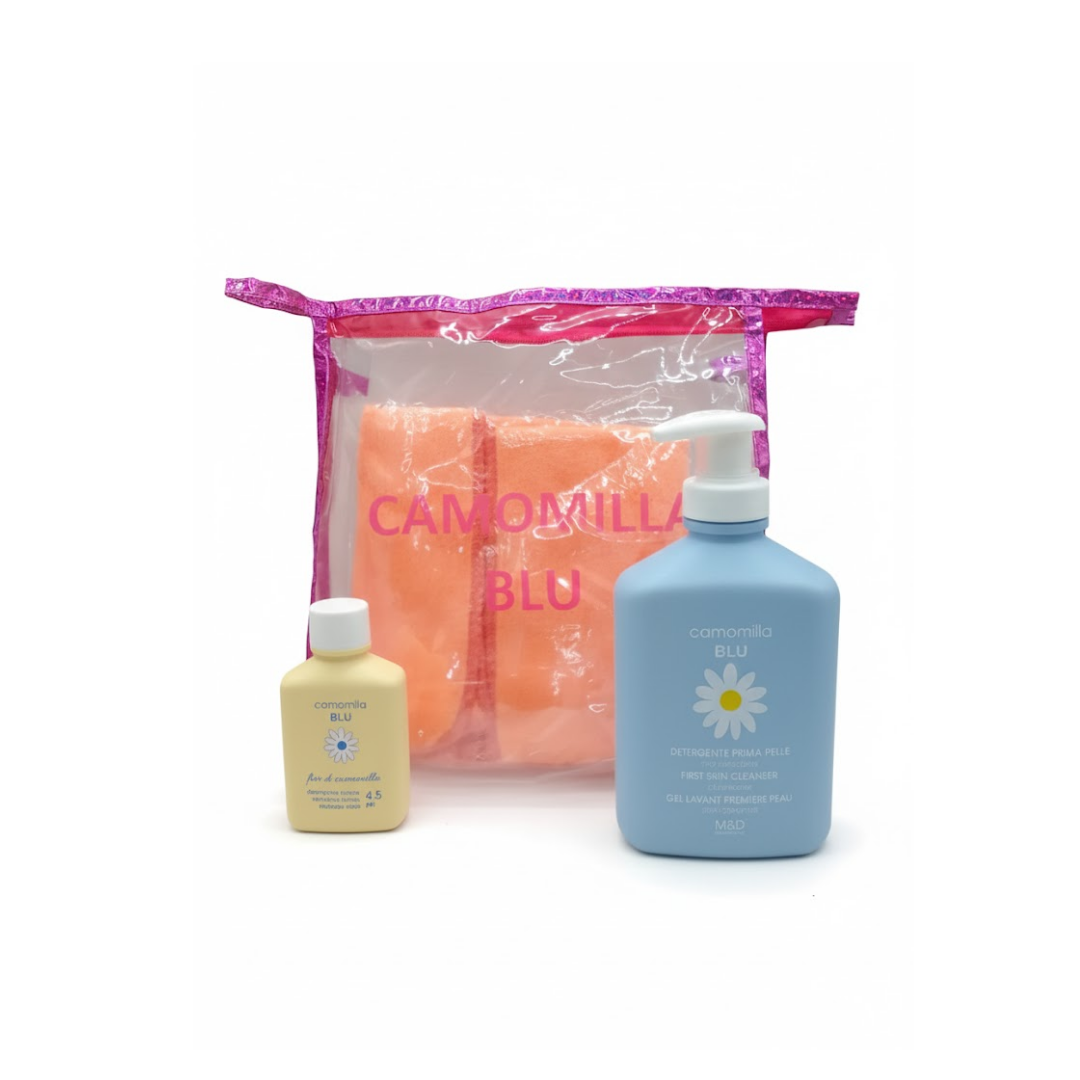 Camomilla-gel-lavant-1er-peau-300mlGel-intime-Echserviette-Trousse Camomilla Gel Lavant 300ml+ Mini Gel intime + Serviette Avec Trousse – Image 1