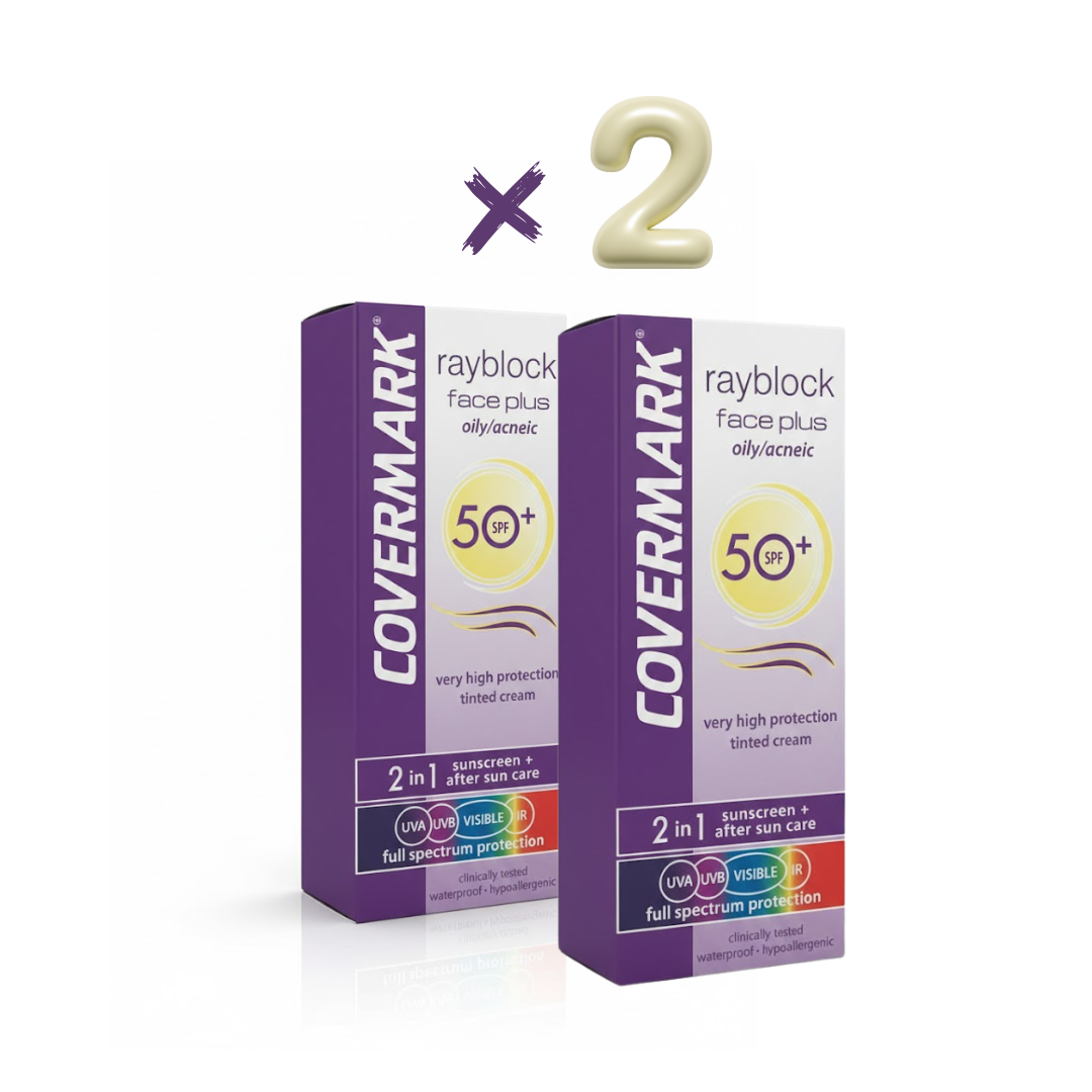 Covermark-Rayblock-Face-Plus-Teinte-Oily-Acneic-spf50-50ml2-Pack-1 Covermark Rayblock Face Plus Teinte Oily Acneic spf50+ 50ml x 2 Pack – Image 1