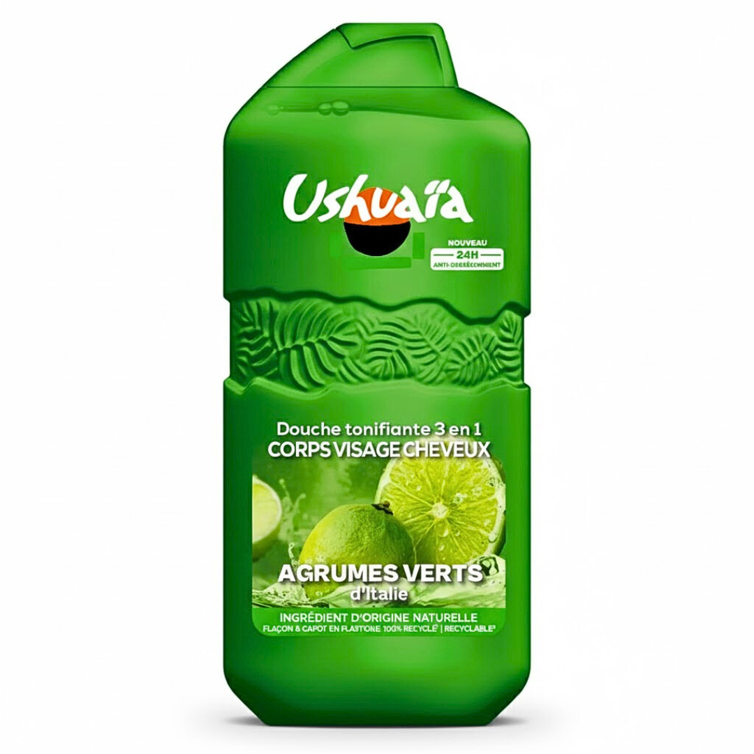 USH-Douche-Tonifiante-3en1-Agrumes-verts-280ml Ushuaia Douche Tonifiante 3en1 Agrumes Verts 280ml – Image 1