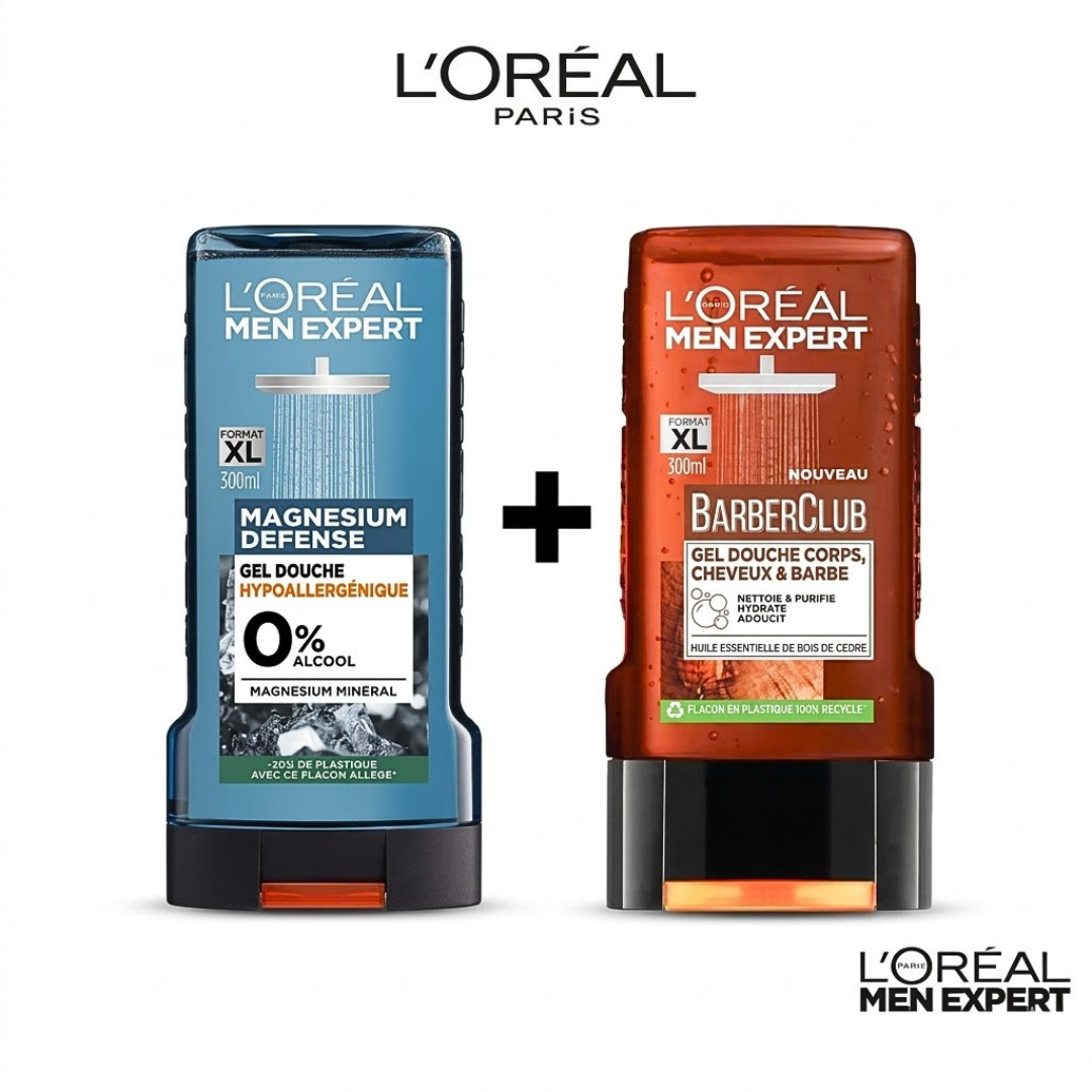 LOreal-Duo-Pack-Douche-Men-Expert-MagnesiumBarber-Club-Gel-Douche L'Oreal Paris Douche Men Expert Magnesium+Barber Club Gel Douche Pack – Image 1