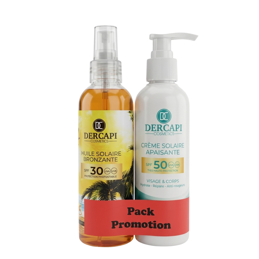 Dercapi-Creme-Solaire-Apaisante-Spf50-200ml-1 Dercapi Huile De Bronzante Spf30 200ml+Creme Solaire Apaisante Spf50+ 200ml Pack – Image 1