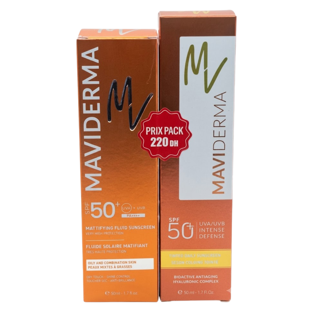 Maviderma-Fluide-Solaire-spf50-50mlEcran-Solaire-Teinte-50ml-Pack Maviderma Fluide Solaire spf50+ 50ml+Ecran Solaire Teinte 50ml Pack – Image 1