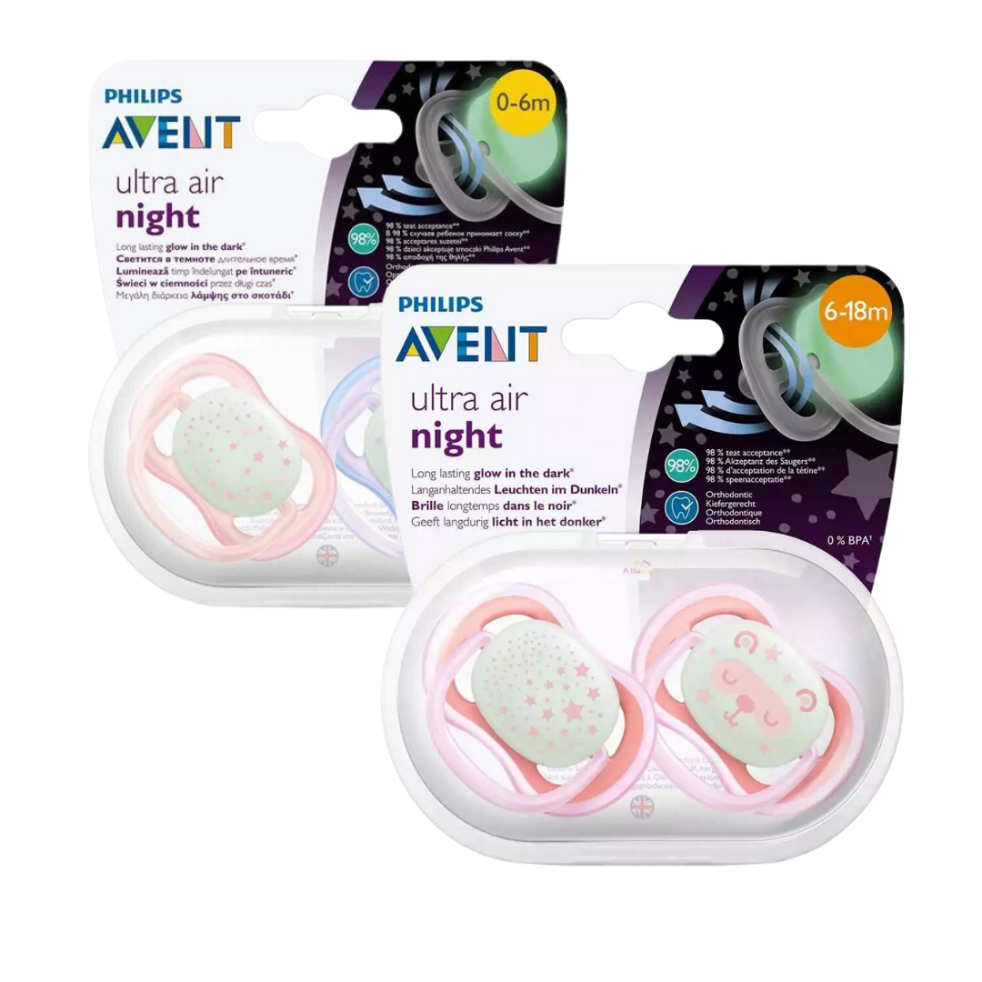 Avent-duo-pack-Ultra-air-Night-2-Suc-Scf376202-Suc-scf37610 Avent Ultra Air Night 2 Sucette Scf376/20 + 2 Sucette scf376/10 – Image 1