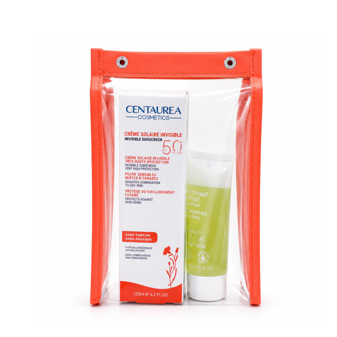 Centaurea-Cr-Solaire-Invisible-spf50125mlGel-Moussant-Ech-Trousse Centaurea Trousse Solaire Duo Crème Solaire Invisible SPF 50+ 125 ml + Gel Moussant Format Voyage Offert – Image 1