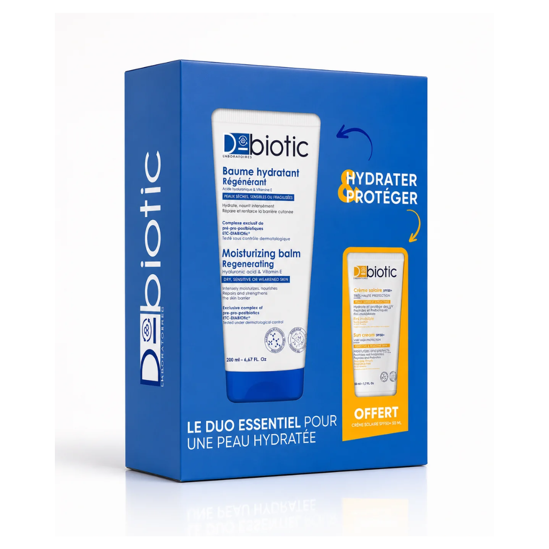 D-Biotic-Baume-hydratante-regenerant-Ps-150mlEcran-solaire-ECH-pack D-Biotic Duo Essentiel Baume Hydratant Régénérant 200 ml + Mini Crème Solaire SPF 50+ Offerte – Image 1