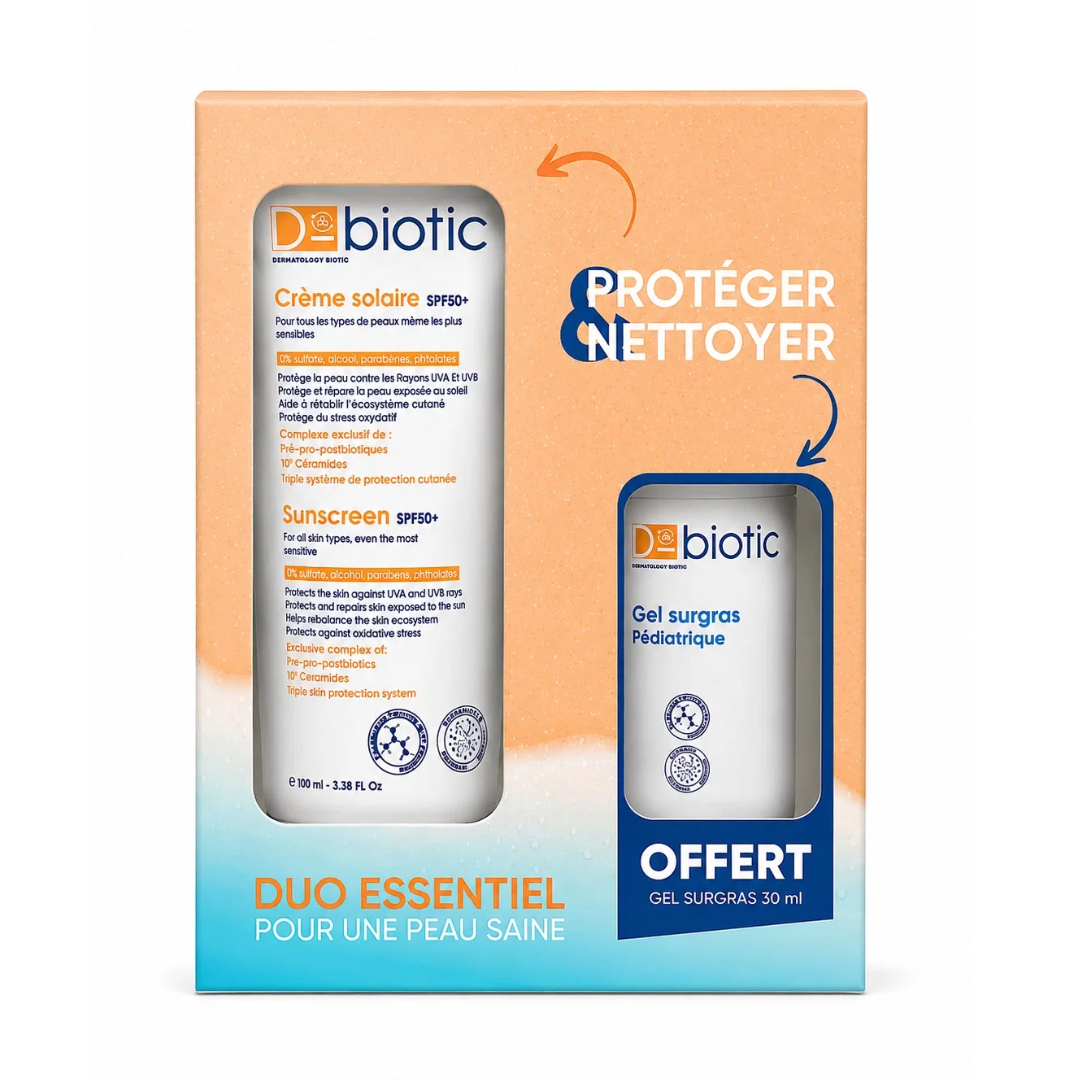D-biotic-–-Coffret-Duo-Essentiel-Creme-Solaire-SPF-50-100-ml-Gel-Surgras-Pediatrique-30-ml-Offert D-Biotic Duo Essentiel Creme Solaire Spf50+ 75ml + Gel Surgras Pédiatrique 30 ml Offert – Image 1