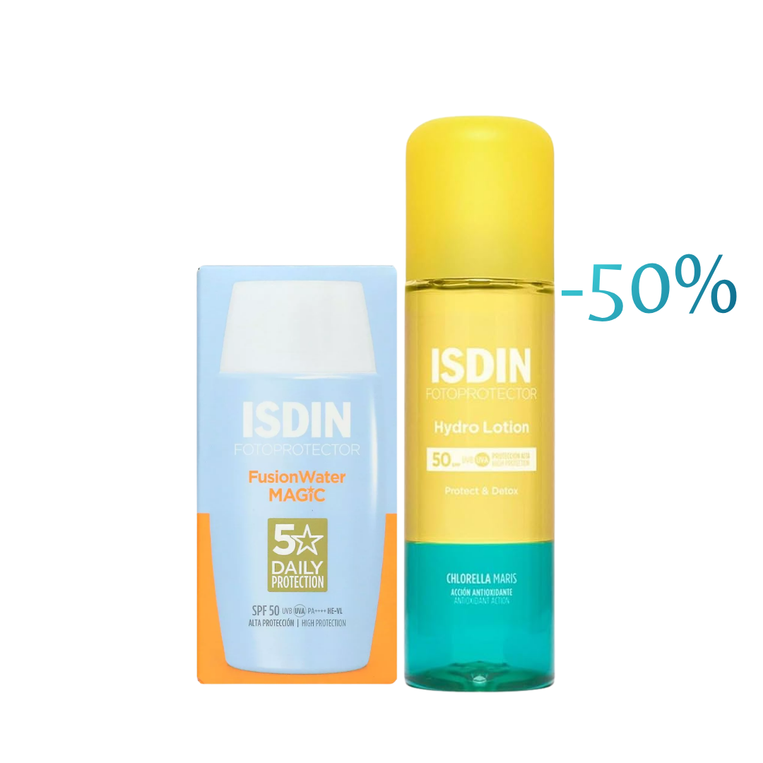 Fotoprotecteur-Fusion-water-Magic-50mlHydro-Lotion-200ml-50-Pack ISDIN Fotoprotector Fusion water Magic 50ml+Hydro Lotion 200ml -50% Pack – Image 1