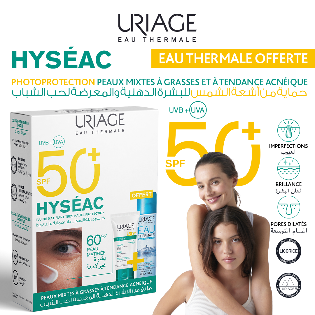 HYSEAC-POST-COFFRET-50-ETU Uriage Hyseac Spf50 50ml + Eau thermale 50ml pack – Image 1