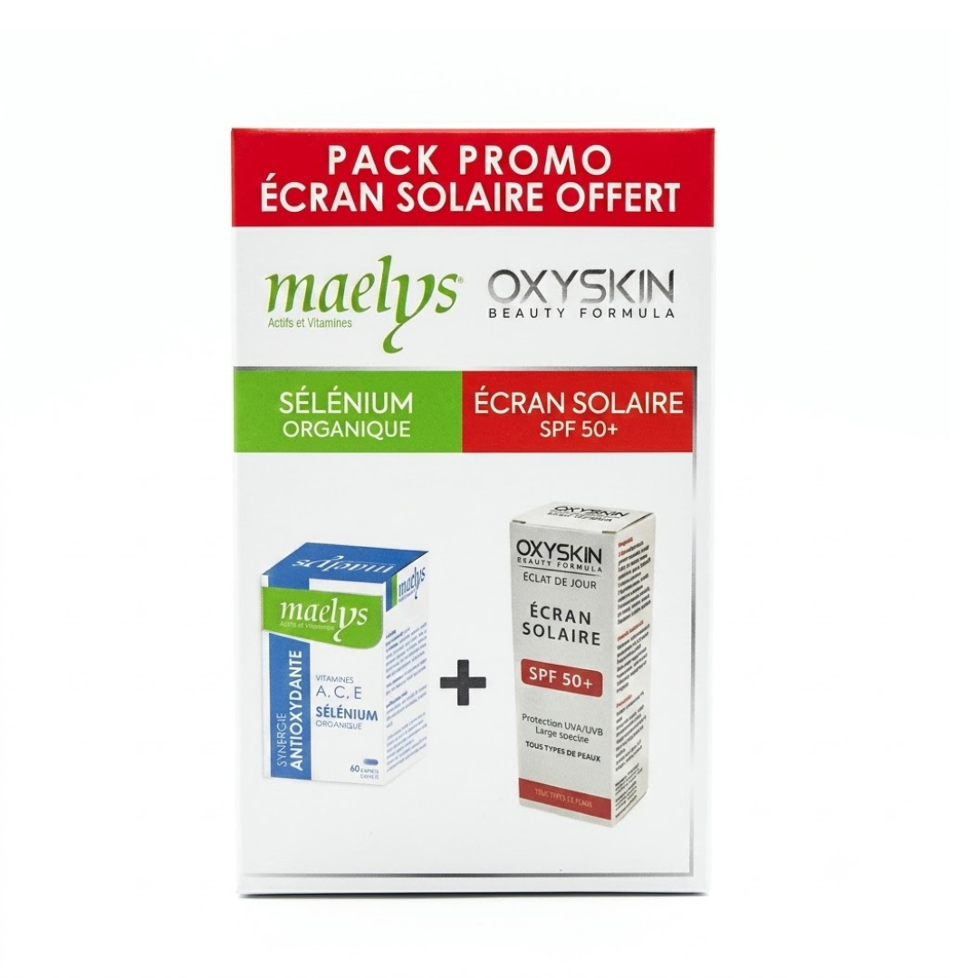 Maelys-Selenium-60-GelulesOxyskin-ecran-solaire-spf5050ml-pack Maelys Selenium 60 Gelules + Oxyskin Ecran Solaire Spf50+50ml pack – Image 1