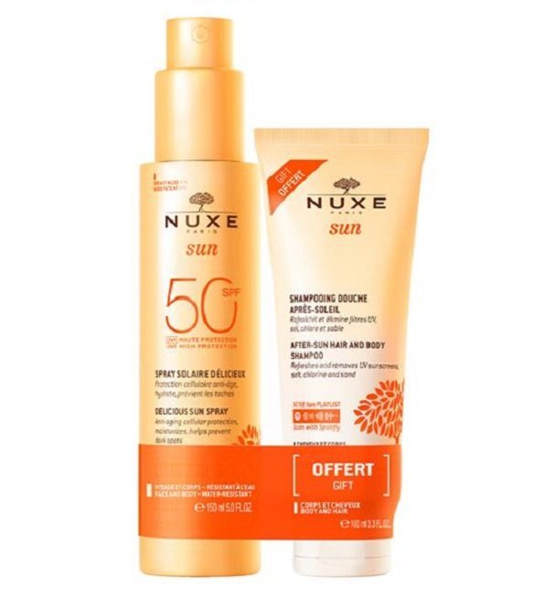 Nuxe-Sun-duo-spray-solaire-spf50-150mlshampooing-Douche-100ml NUXE Spray Fondant Haute Protection SPF50 + Shampoing Douche Après Soleil 100ml – Image 1