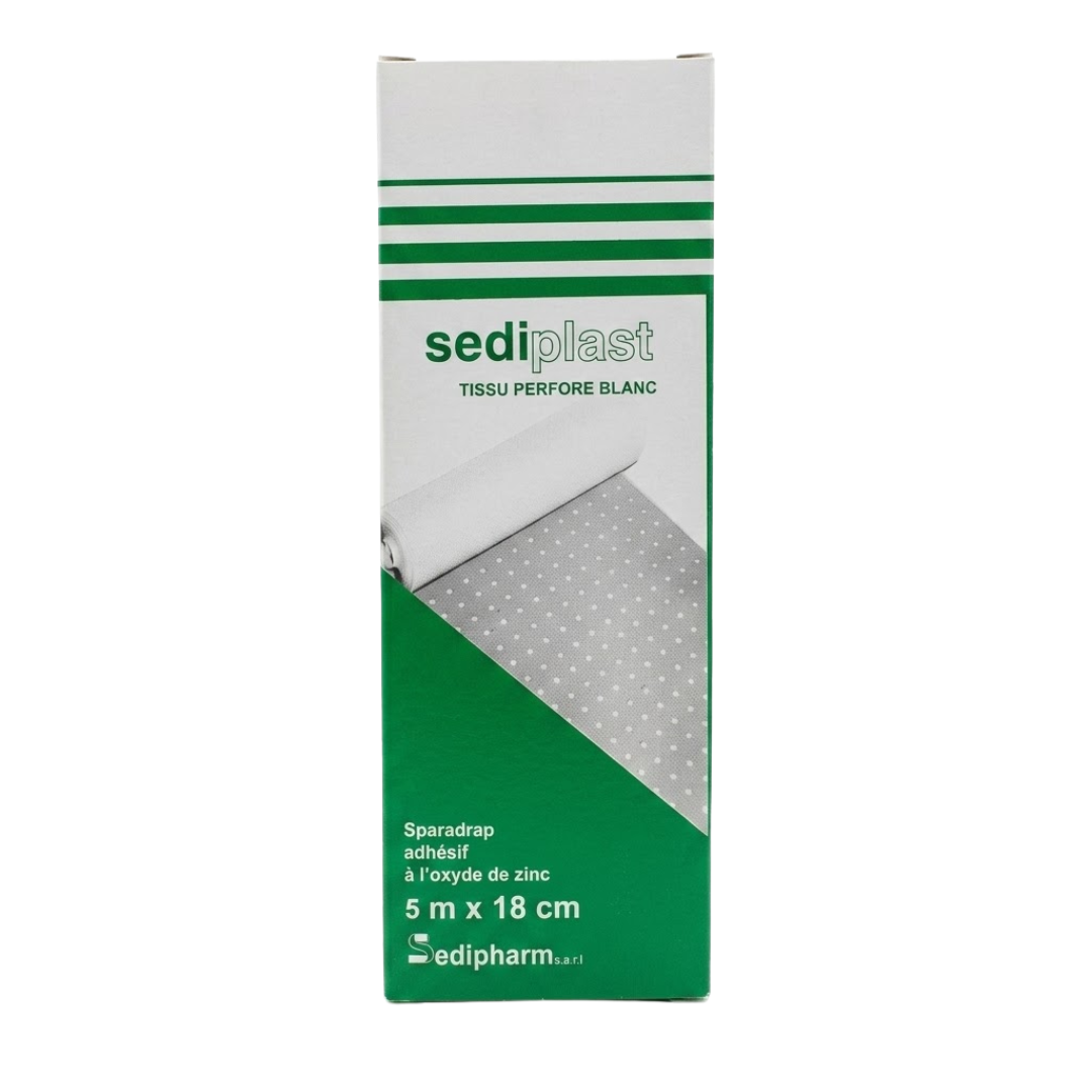 Sediplast-Sparadrap-Perfore-Blanc-5mX18cm Sediplast Sparadrap Perfore Blanc 5mX18cm – Image 1
