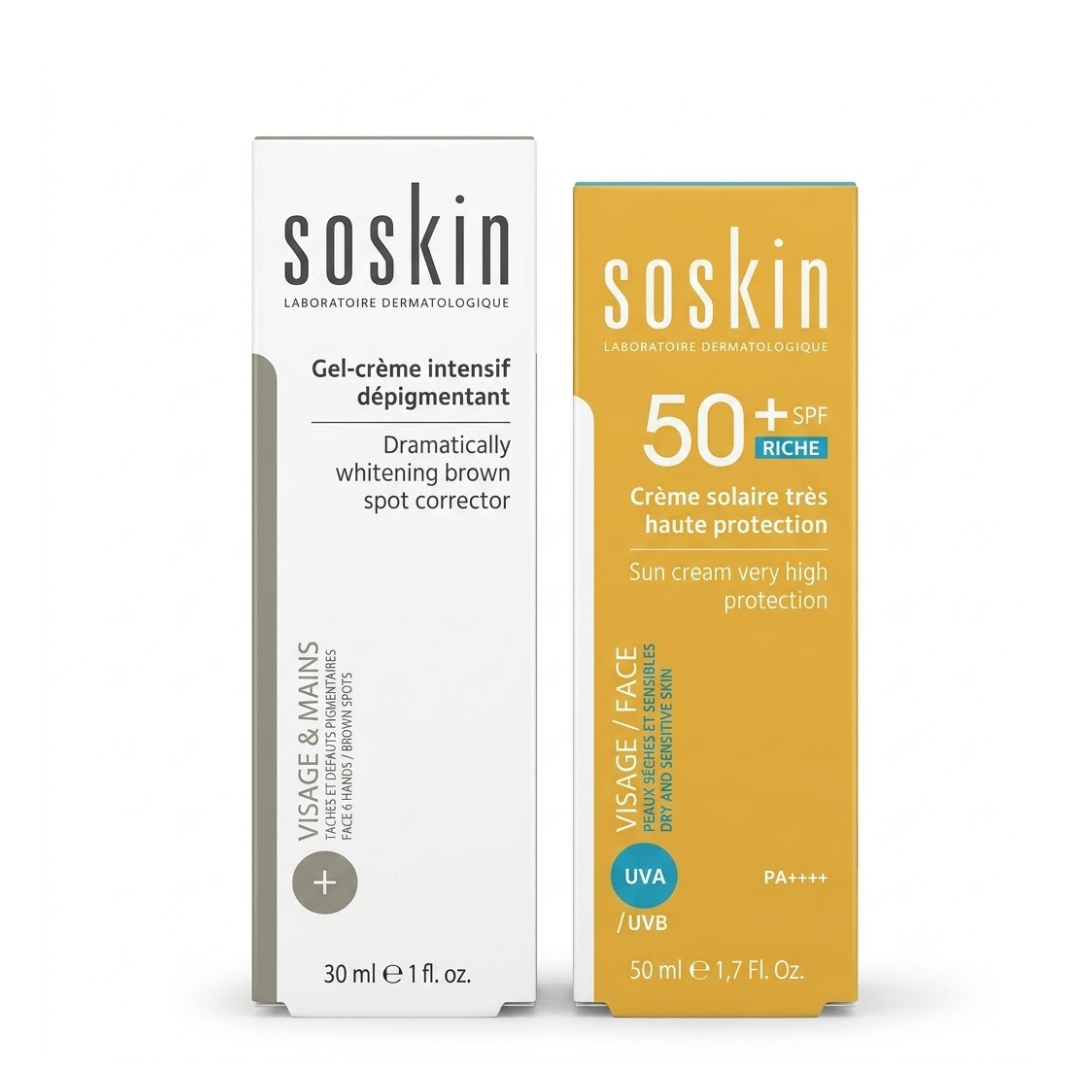Soskin-Duo-Pack-Gel-Cr-Depigmentant-30mlCr-Solaire-Riche-50ml Soskin Duo Anti-Taches & Protection Solaire Creme Depigmentant 30ml + Creme Solaire Riche 50ml – Image 1