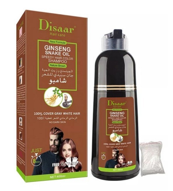 disaar-shampooing-colorant-marron-pour-cheveux-a-base-de-ginseng-et-d-huile-de-serpent-pour-couvrir-les-cheveux-gris-blancs DISAAR Shampooing Colorant Marron au Ginseng et l'huile de serpent 400 ml – Image 1
