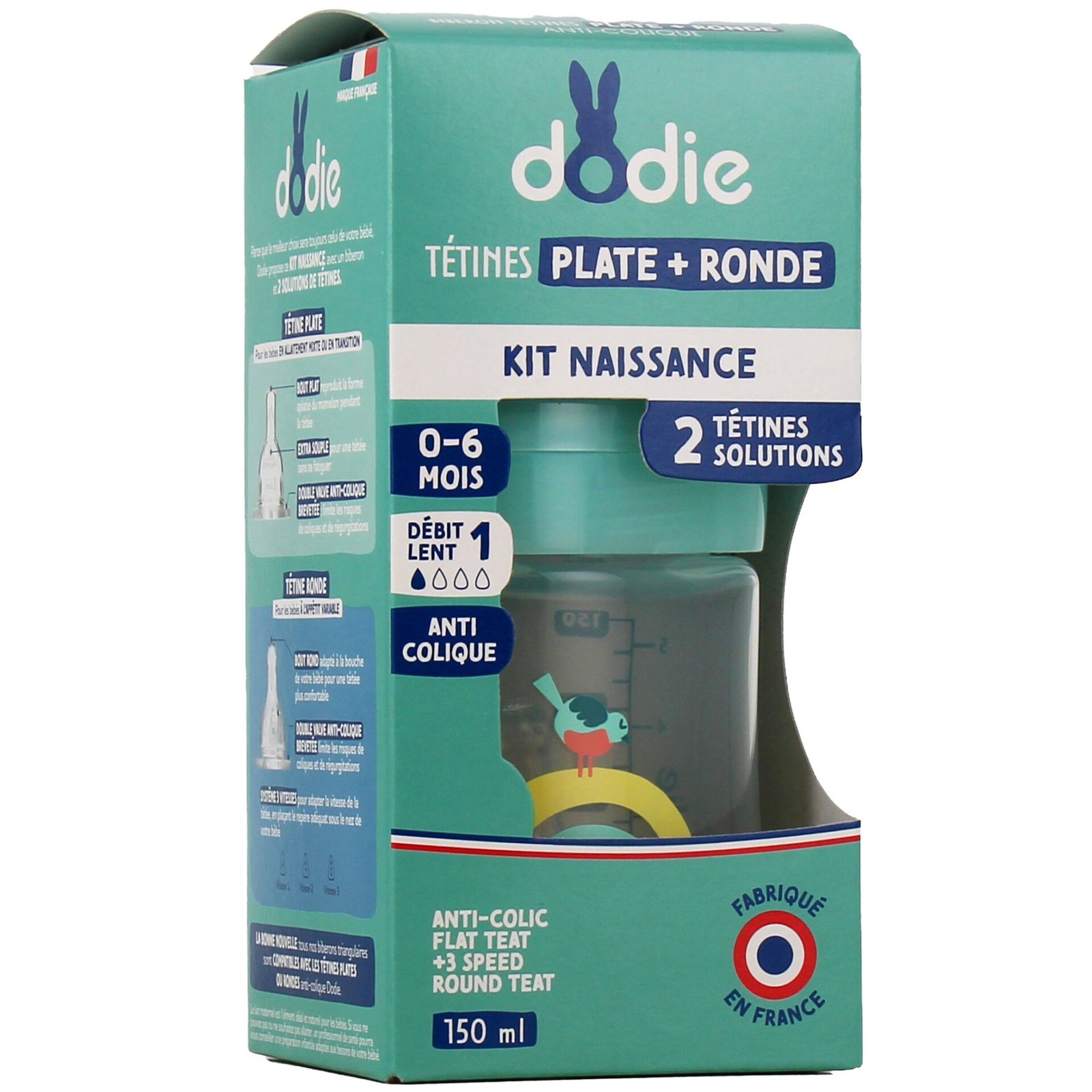dodie-kit-naissance-biberon-tetines-dodie DODIE Biberon Sens+ Tetine Plat Debit 1 Cache 0-6mois 150ml – Image 1