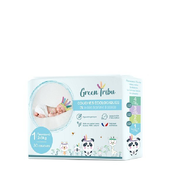 green-tribu-SACHET-COUCHES-TAILLE-1 GREEN TRIBU COUCHES ÉCOLOGIQUES HYPOALLERGÉNIQUES POUR BÉBÉ TAILLE 1(2 À 5 KG) – Image 1