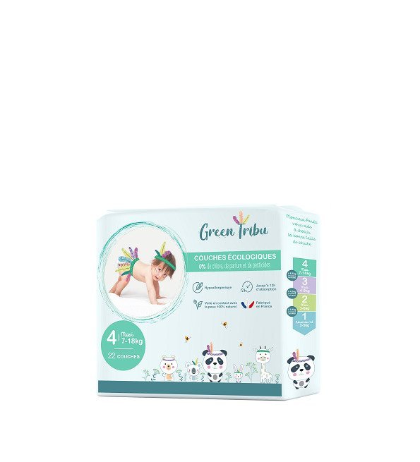 green-tribu-SACHET-COUCHES-TAILLE-4 GREEN TRIBU COUCHES ÉCOLOGIQUES HYPOALLERGÉNIQUES POUR BÉBÉ TAILLE 4 (7 À 18 KG) – Image 1