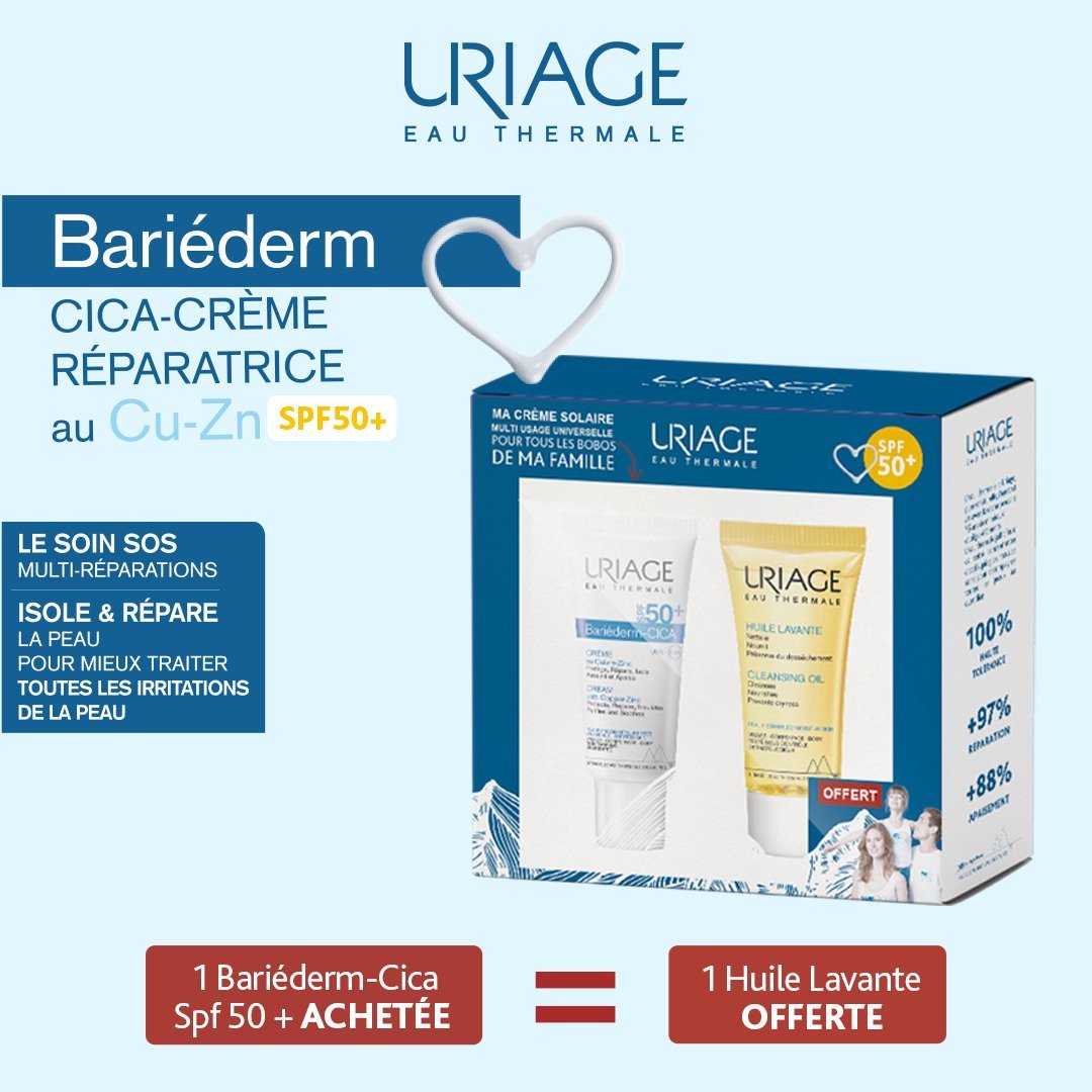 post-cica Uriage - Bariéderm - Cica-Crème SPF50+ au Cuivre-Zinc - 40 ml = Uriage Huile Lavante 50ml OFFERTE – Image 1