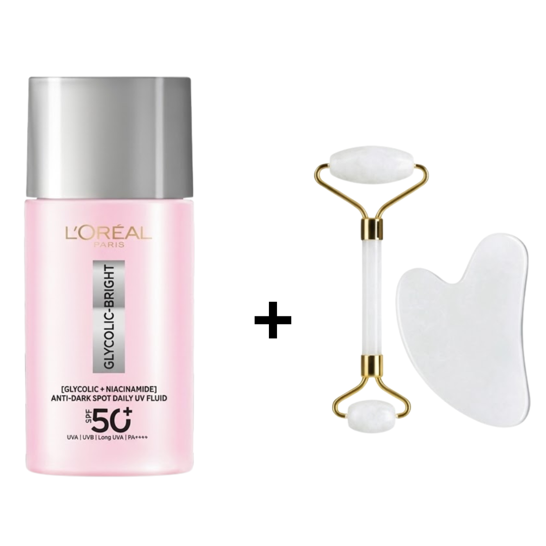 Loreal-Glycolic-Bright-serum-GlowingCoffret-Guasha-pack L'oreal Paris Glycolic Bright Serum & Glowing+Coffret Guasha Pack – Image 1