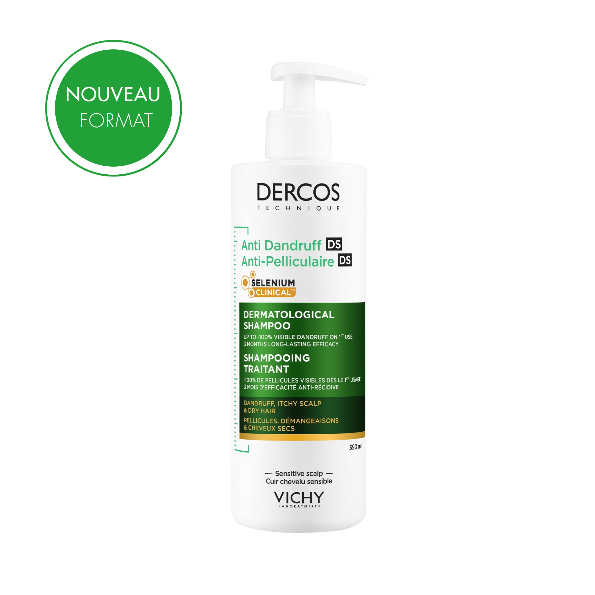 01.-PACKSHOT-FRONT Dercos Shampoing Anti-Pelliculaire Cheveux Secs 390ml – Image 1