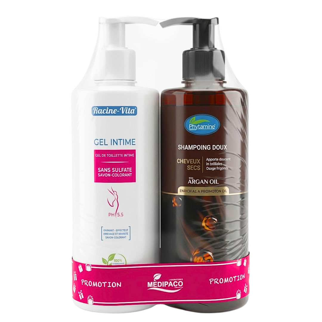 Racine-Vita-Gel-Intime-ph-5.5-420mlShampooing-Doux-Cheveux-Secs-420ml Racine Vita Gel Intime Ph 5.5 420ml+Shampooing Doux Cheveux Secs 420ml – Image 1